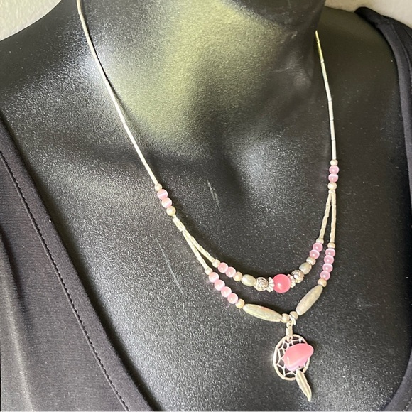 Vintage Native American Pink Bear Dream Catcher 925 Silver Beaded Necklace 18” - Picture 7 of 7